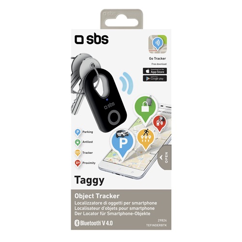 SBS Bluetooth Taggy, funkciói: elvesztésgátló, parkoló autó, közelségérzékelő, nyomkövető; App Go, fekete