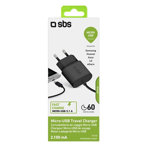 SBS hálózati töltő 100/250V 2100 mAh gyorstöltő micro-USB csatlakozóval, fekete