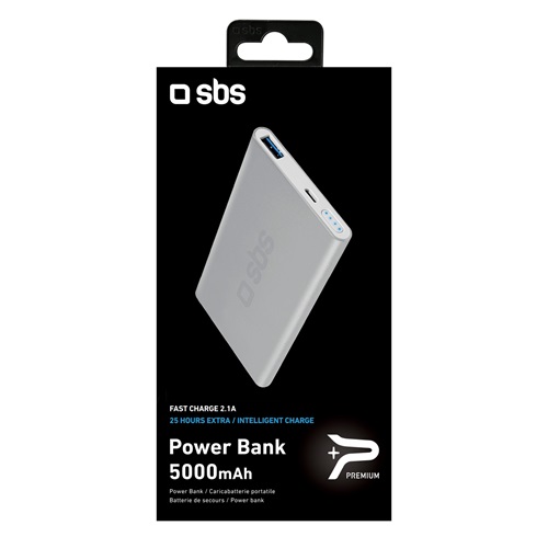 SBS power bank, 5000 mAh, aluminium, 1 USB kimenet 2,1 A és lightning bemenet, ezüst