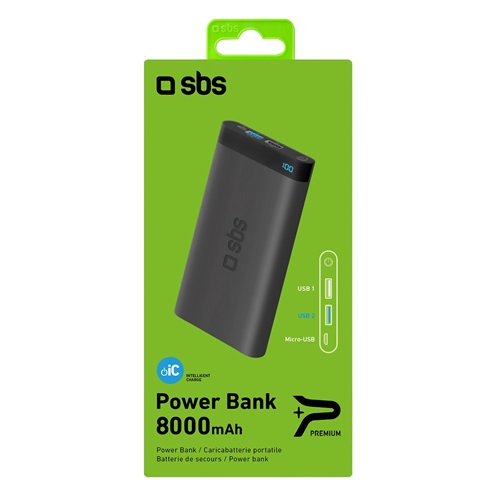SBS Power Bank, 8.000 mAh 2 USB kimenettel, 2,1A + 1A, Lightning  bemenet, LCD kijelző, fekete